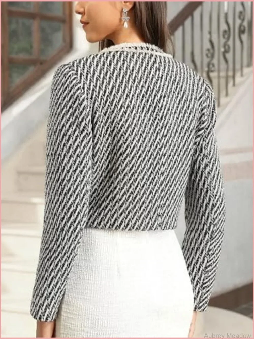 Cropped Blazer Jacket with Pockets Collarless Long Sleeve Tweed